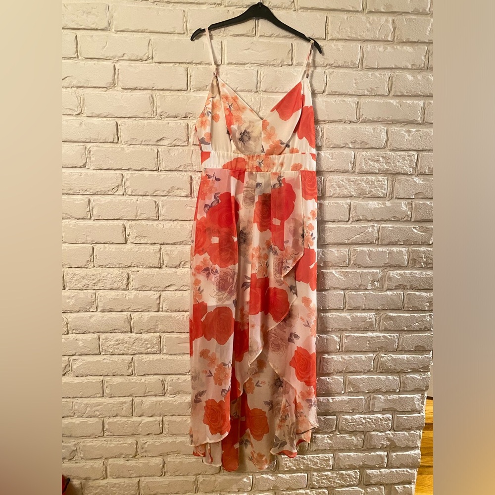 pink and coral floral high low maxi dress